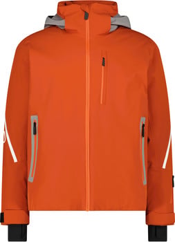 Orange Herren-Skijacke mit Kapuze und Reflektoren.