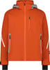 Orange Herren-Skijacke mit Kapuze und Reflektoren.