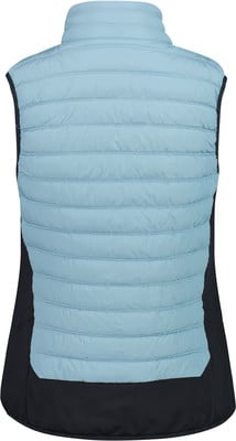 Rückseite einer hellblauen Steppweste mit schwarzen Seiten und Kragen. Rückseite einer hellblauen Steppweste mit schwarzen Seiten und Kragen.
