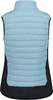 Rückseite einer hellblauen Steppweste mit schwarzen Seiten und Kragen.