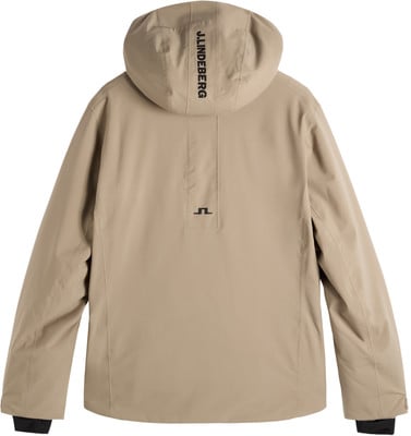 Rückansicht einer beige Herrenjacke mit Kapuze und J.Lindeberg-Logo. Rückansicht einer beige Herrenjacke mit Kapuze und J.Lindeberg-Logo.