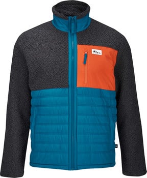 Herren-Fleecejacke mit Steppung, orangefarbener Tasche und blauem Einsatz.