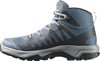 Blauer Wanderschuh mit grauer Sohle und gewebten Schnürsenkeln.