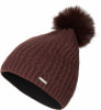 Braune Strickmütze mit Bommel und Metallapplikation.