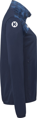 Dunkelblaue Jacke mit geometrischem Muster am Kragen und Logo.