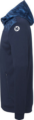 Dunkelblaue Kapuzenjacke mit geometrischem Muster auf der Kapuze.