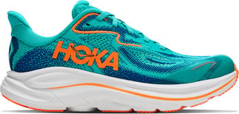 Türkiser Hoka-Laufschuh mit orangefarbenem Logo und blauen Akzenten.