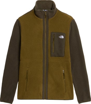 Grüne Fleecejacke mit braunen Ärmeln und Reißverschlusstaschen. Grüne Fleecejacke mit braunen Ärmeln und Reißverschlusstaschen.