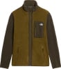 Grüne Fleecejacke mit braunen Ärmeln und Reißverschlusstaschen.