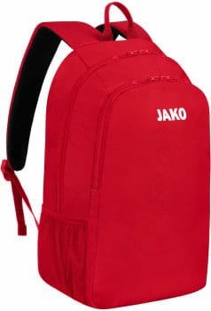 Roter Rucksack mit weißem JAKO-Logo und seitlichen Netztaschen.