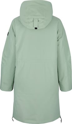 Rückansicht einer hellgrünen Parka mit Kapuze und Kordelzug. Rückansicht einer hellgrünen Parka mit Kapuze und Kordelzug.