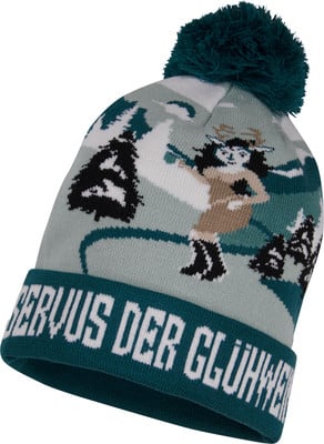 Eine Mütze mit einem Waldwesen-Motiv und der Aufschrift „SERVUS DER GLÜHWEN“.