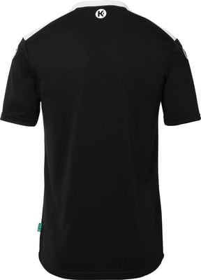 Schwarzes T-Shirt mit weißem Kragen und K-Logo auf dem Rücken. Schwarzes T-Shirt mit weißem Kragen und K-Logo auf dem Rücken.