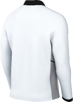 Rückansicht einer weißen Jacke mit schwarzem Kragen und grauen Einsätzen. Rückansicht einer weißen Jacke mit schwarzem Kragen und grauen Einsätzen.