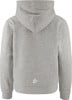 Grauer Kapuzenpullover mit kleinem weißen Logo unten rechts.