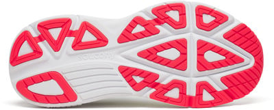 Laufschuhsohle mit rosa und weißen Elementen und Saucony-Logo. Laufschuhsohle mit rosa und weißen Elementen und Saucony-Logo.