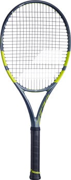 Tennisschläger mit dunkelblauem Rahmen und limettengrünen Akzenten.