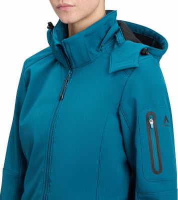 Dunkelblaue Softshelljacke für Damen mit Kapuze und Reißverschluss. Dunkelblaue Softshelljacke für Damen mit Kapuze und Reißverschluss.