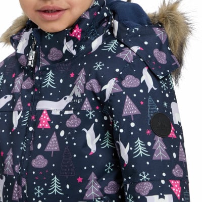 Kinder-Winterjacke mit Pinguin- und Weihnachtsbaum-Motiv in Dunkelblau.
