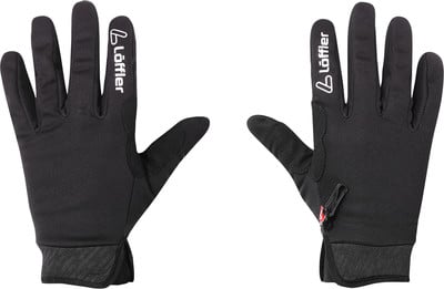 Schwarze Löffler Handschuhe mit Logo, geeignet für sportliche Aktivitäten.