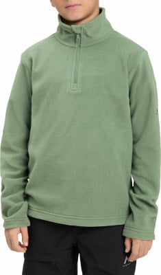 Ein Junge trägt einen grünen Fleecepullover mit Reißverschluss. Ein Junge trägt einen grünen Fleecepullover mit Reißverschluss.