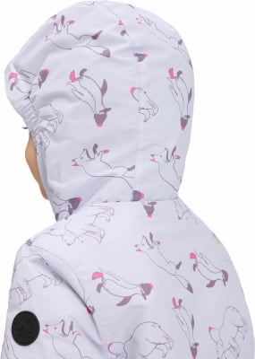 Bílá bunda s kapucí a potiskem lišek a tučňáků.