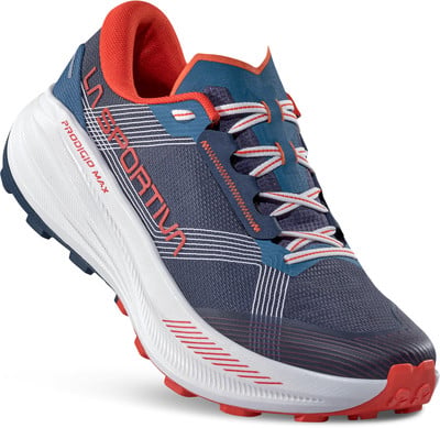 Blauer La Sportiva Laufschuh mit roten und weißen Schnürsenkeln.