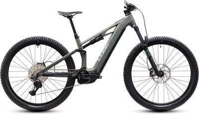 Graues Fullys-E-Mountainbike mit RockShox-Federung und Bosch-Antrieb. Graues Fullys-E-Mountainbike mit RockShox-Federung und Bosch-Antrieb.