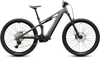 Graues Fullys-E-Mountainbike mit RockShox-Federung und Bosch-Antrieb.