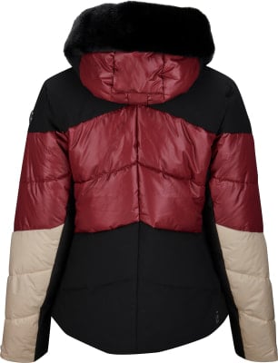 Rückansicht einer gesteppten Jacke mit Kunstpelz an der Kapuze. Rückansicht einer gesteppten Jacke mit Kunstpelz an der Kapuze.