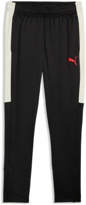 Schwarze Puma-Sporthose mit weißem Streifen und rotem Logo.