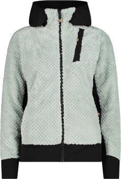 Hellgraue Fleecejacke mit schwarzer Kapuze und Details.