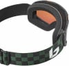Skibrille mit orangefarbener Linse und grünem Riemen mit Karomuster.