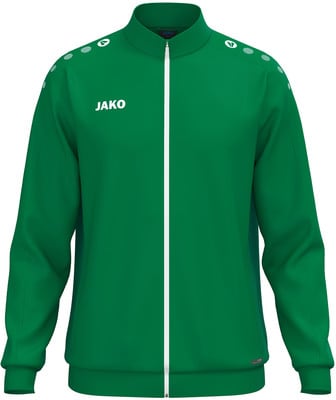 Grüne Jacke mit weißem Reißverschluss und JAKO-Logo auf der Brust. Grüne Jacke mit weißem Reißverschluss und JAKO-Logo auf der Brust.