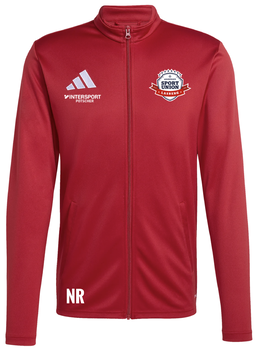 Rote Jacke mit Adidas-Logo und Schriftzügen von Intersport und Sport Union.