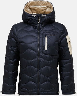 Dunkelblaue Daunenjacke mit Kapuze und beigem Futter. Dunkelblaue Daunenjacke mit Kapuze und beigem Futter.