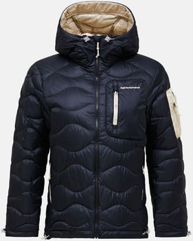 Dunkelblaue Daunenjacke mit Kapuze und beigem Futter.