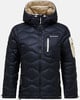 Dunkelblaue Daunenjacke mit Kapuze und beigem Futter.
