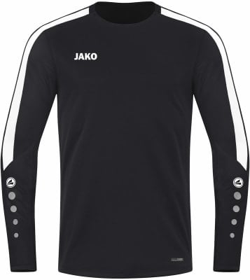 Schwarzes Langarmshirt mit weißen Streifen an den Ärmeln und JAKO-Logo. Schwarzes Langarmshirt mit weißen Streifen an den Ärmeln und JAKO-Logo.