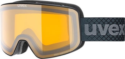 Uvex Skibrille mit orangefarbenem Glas und Logo auf dem Band. Uvex Skibrille mit orangefarbenem Glas und Logo auf dem Band.