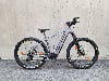 Graues Genesis Mountain E-Bike mit schwarzen Rädern und grünen Details.