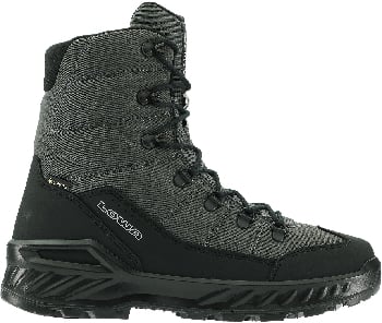 Grauer hoher Winterstiefel mit schwarzer Sohle und Schnürsenkeln.