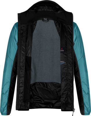 Die Innenseite einer gefütterten Jacke mit gestepptem Futter und blauem Logo.