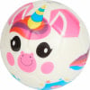 Fußball mit Einhorn-Motiv und Regenbogenhorn, fröhliche Farben.