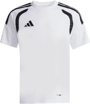 Weißes Adidas T-Shirt mit schwarzen Streifen an den Schultern und Logo.