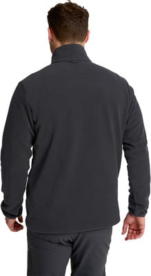Rückansicht eines Mannes in dunkelgrauer Fleecejacke und Hose. Rückansicht eines Mannes in dunkelgrauer Fleecejacke und Hose.