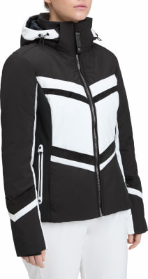 Damen-Skijacke in Schwarz-Weiß mit Kapuze.