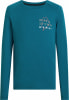 Blaues Langarmshirt mit Aufdruck von geografischen Koordinaten.