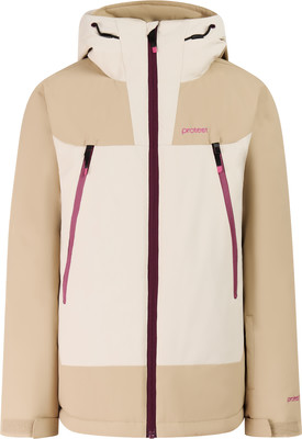 Eine beige Jacke mit farbigen Einsätzen und einem lila Reißverschluss, ideal zum Skifahren. Eine beige Jacke mit farbigen Einsätzen und einem lila Reißverschluss, ideal zum Skifahren.