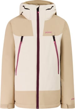 Eine beige Jacke mit farbigen Einsätzen und einem lila Reißverschluss, ideal zum Skifahren.